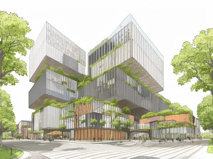 lwsh,perspective, drawing,a city with a lot of trees and buildings in it and a lot of trees and bushes on the ground,, masterpiece, best quality,