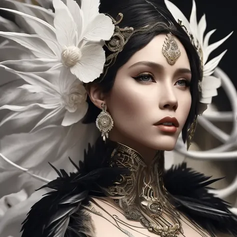 Complex 3 d render of a  beautiful fascinating biomechanical woman with a porcelain face, analog, beautiful natural light, rim light, 1 5 0 mm lens, aztec warrior, feathers, piercing, aztec tattoos, white blossoms, vanilla leaves and stems, sinuous roots, white blossoms, fine foliage lace, steampunk, silver gold filigree details, alexander mcqueen high fashion haute couture, pearl earring, art nouveau fashion embroidered, hexagonal mesh wire, mandelbrot fractal, facial muscles, cable wires, microchip, elegant, beautiful natural light, studio lights, rim light, highly detailed, hyperrealistic, sharp, octane render, h. r. giger style, volumetric lighting, 8 k post production