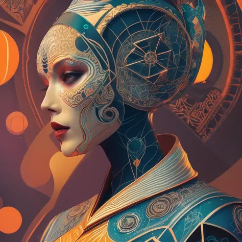 Ultra detailed beautiful female android, side portrait, sharp focus, highly detailed vfx portrait, geometric shapes, global illumination, by james jean and moebius and artgerm and liam brazier and victo ngai and tristan eaton. vector art, digital illustration, concept art, dia de los muertos. 8 k, hdr