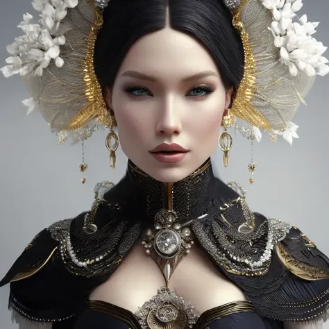 Complex 3 d render of a  beautiful fascinating biomechanical woman with a porcelain face, analog, beautiful natural light, rim light, 1 5 0 mm lens, aztec warrior, feathers, piercing, aztec tattoos, white blossoms, vanilla leaves and stems, sinuous roots, white blossoms, fine foliage lace, steampunk, silver gold filigree details, alexander mcqueen high fashion haute couture, pearl earring, art nouveau fashion embroidered, hexagonal mesh wire, mandelbrot fractal, facial muscles, cable wires, microchip, elegant, beautiful natural light, studio lights, rim light, highly detailed, hyperrealistic, sharp, octane render, h. r. giger style, volumetric lighting, 8 k post production