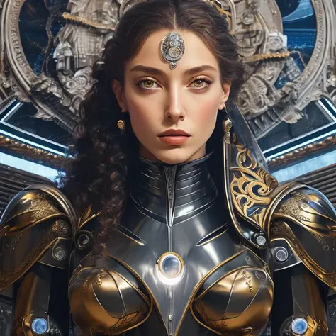 Beautiful mural of a young cyborg queen, piercing glowing robot eyes, elegant, striking composition, highly detailed ornate sci fi background, mural in the style of sandro botticelli, caravaggio, albrecth durer, 8k