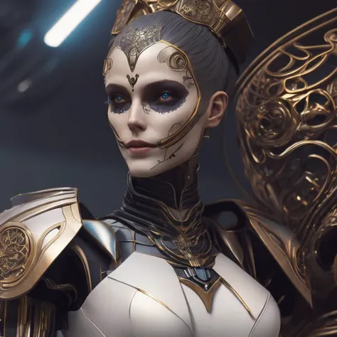 Ultra detailed side portrait of female android, face like catrina, robot boy, sharp focus, sci - fi, fantasy art, digital illustration, dia de los muertos. octane render, unreal engine, global illumination, intricate detailed. concept art. art by artgerm and wlop and giger and greg rutkowski and rossdraws and alphonse mucha, 8 k