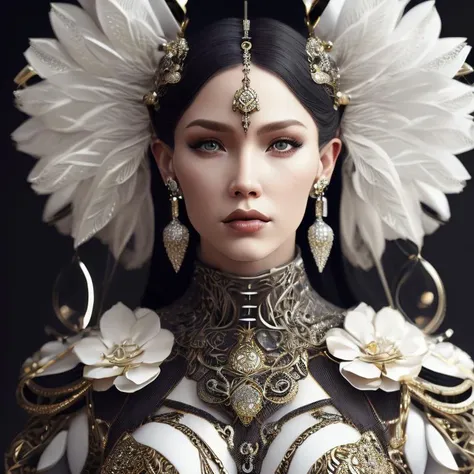 Complex 3 d render of a beautiful fascinating biomechanical female cyborg with a porcelain face, analog, beautiful natural light, rim light, 1 5 0 mm lens, aztec warrior, feathers, piercing, aztec tattoos, white blossoms, vanilla leaves and stems, sinuous roots, white blossoms, fine foliage lace, steampunk, silver gold filigree details, alexander mcqueen high fashion haute couture, pearl earring, art nouveau fashion embroidered, hexagonal mesh wire, mandelbrot fractal, facial muscles, cable wires, microchip, elegant, beautiful natural light, studio lights, rim light, highly detailed, hyperrealistic, sharp, octane render, h. r. giger style, volumetric lighting, 8 k post production