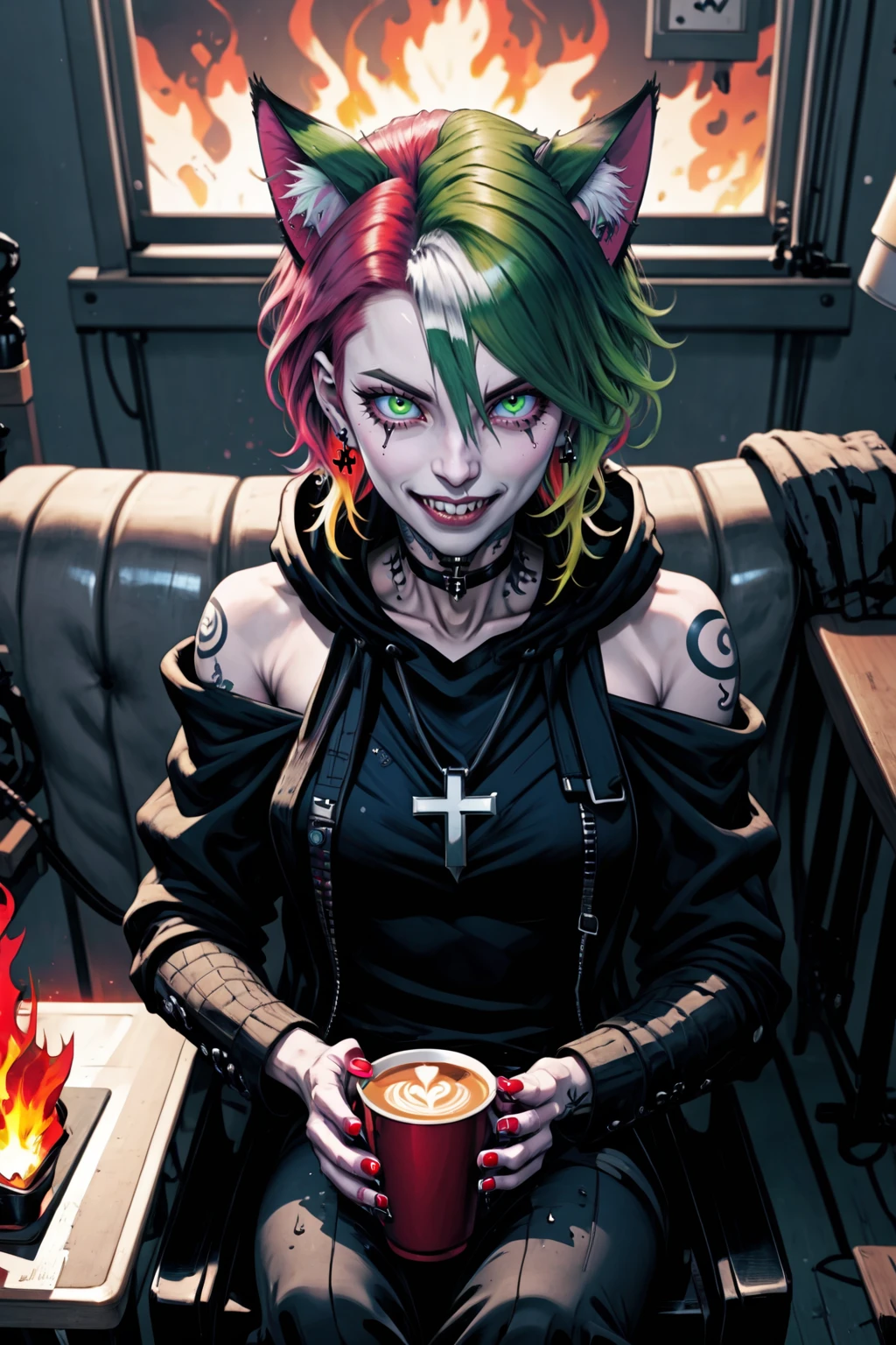 <lora:AnimatedNightmaresStyle:0.8> Animated Nightmare Style, 1girl, animal ear fluff, animal ears, arm tattoo, black jacket, blue eyes, cable, cat ears, chair, choker, coffee mug, collar, collarbone, colored skin, computer, cross, cup, cyberpunk, ear piercing, earrings, eyebrow piercing, fingernails, fire, gradient hair, green hair, hair ornament, hairclip, heterochromia, holding, holding cup, hood, hooded jacket, hoodie, indoors, jacket, jewelry, laptop, leather jacket, lip piercing, lips, looking at viewer, mole, mole under eye, mug, multicolored hair, nail polish, necklace, off shoulder, open clothes, parted lips, piercing, pink hair, red nails, sitting, smile, solo, spiked collar, spikes, table, tattoo, two-tone hair, yellow eyes, zipper