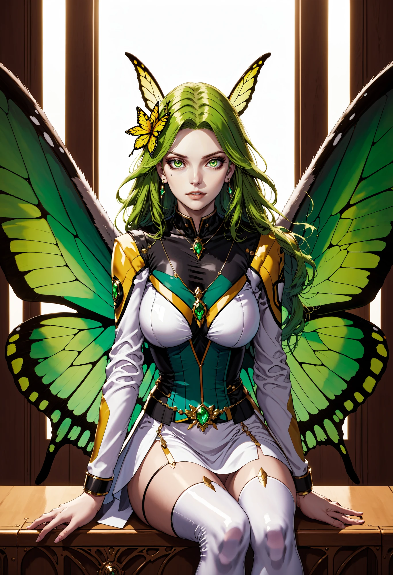 <lora:AnimatedNightmaresStyle:0.8> Animated Nightmare Style, 1girl, belt, butterfly wings, closed mouth, cyborg, dress, earrings, eyelashes, fairy, fairy wings, fingernails, flower, green eyes, green hair, green nails, hair flower, hair ornament, jacket, jewelry, lips, long hair, long sleeves, looking at viewer, makeup, mechanical wings, medium breasts, mole, nail polish, necklace, open clothes, open jacket, pov, sitting, solo, solo focus, spread legs, spread wings, thigh strap, v arms, white dress, wings, yellow jacket, zipper