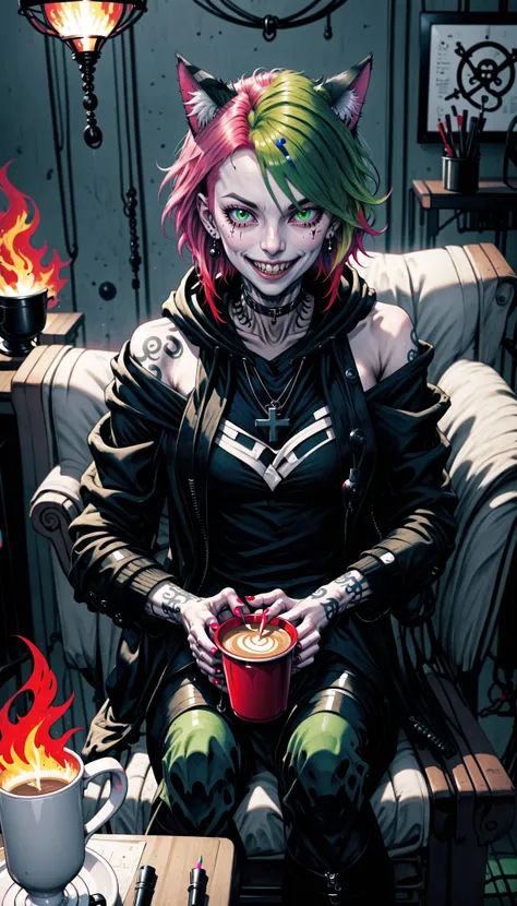 <lora:AnimatedNightmaresStyle:0.8> Animated Nightmare Style, 1girl, animal ear fluff, animal ears, arm tattoo, black jacket, blue eyes, cable, cat ears, chair, choker, coffee mug, collar, collarbone, colored skin, computer, cross, cup, cyberpunk, ear piercing, earrings, eyebrow piercing, fingernails, fire, gradient hair, green hair, hair ornament, hairclip, heterochromia, holding, holding cup, hood, hooded jacket, hoodie, indoors, jacket, jewelry, laptop, leather jacket, lip piercing, lips, looking at viewer, mole, mole under eye, mug, multicolored hair, nail polish, necklace, off shoulder, open clothes, parted lips, piercing, pink hair, red nails, sitting, smile, solo, spiked collar, spikes, table, tattoo, two-tone hair, yellow eyes, zipper