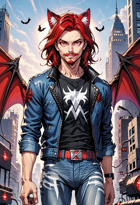 <lora:AnimatedNightmaresStyle:0.8> Animated Nightmare Style, 1boy, animal ear fluff, animal ears, bat (animal), bat wings, beard, belt, black hair, black shirt, blue jacket, building, cable, cat ears, demon wings, denim, facial hair, hands in pockets, jacket, long hair, looking at viewer, male focus, medium hair, multicolored hair, mustache, open clothes, open jacket, outdoors, pants, red eyes, red hair, shirt, slit pupils, solo, two-tone hair, upper body, wings