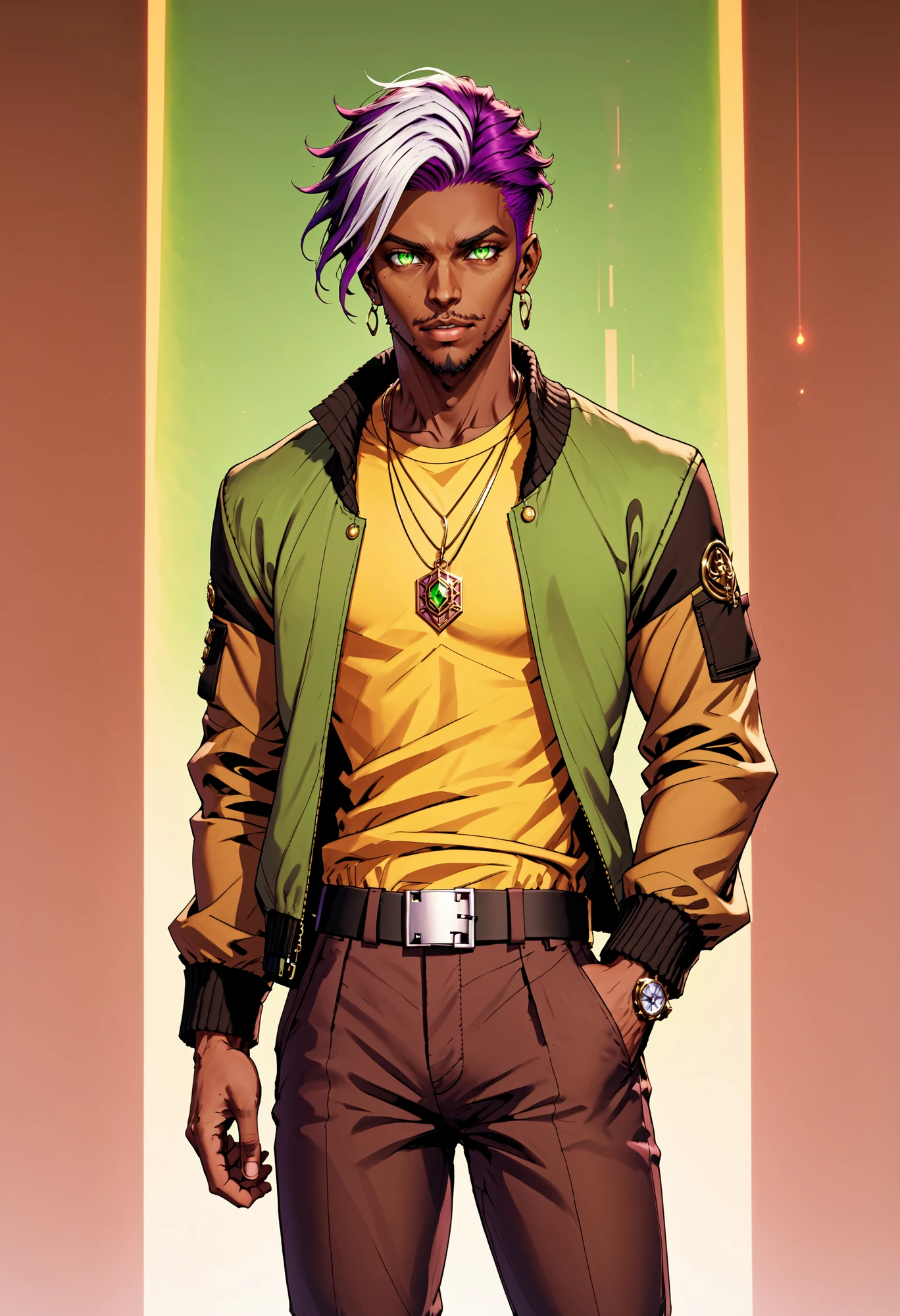 <lora:AnimatedNightmaresStyle:0.8> Animated Nightmare Style, 1boy, belt, black belt, black pants, brown jacket, brown shirt, dark skin, dark-skinned male, dog tags, earrings, facial hair, fire, glowing, glowing eyes, gradient, gradient background, green eyes, jacket, jewelry, long sleeves, looking at viewer, male focus, necklace, open clothes, open jacket, pants, parted lips, purple hair, ring, shirt, short hair, solo, upper body, yellow shirt