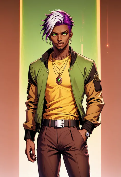 <lora:AnimatedNightmaresStyle:0.8> Animated Nightmare Style, 1boy, belt, black belt, black pants, brown jacket, brown shirt, dark skin, dark-skinned male, dog tags, earrings, facial hair, fire, glowing, glowing eyes, gradient, gradient background, green eyes, jacket, jewelry, long sleeves, looking at viewer, male focus, necklace, open clothes, open jacket, pants, parted lips, purple hair, ring, shirt, short hair, solo, upper body, yellow shirt