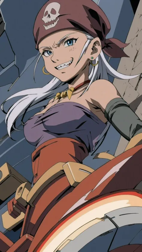<lora:Zola-10:0.8> zola, long hair, earrings, white hair, jewelry, bandana, dark skin, dark-skinned female, pirate, BREAK, <lora:Trigger Studio Style:0.2> Trigger Studio Artstyle, anime screencap, grin, teeth, <lora:ttgl-eyecatch:0.5>, masterpiece, best quality, extremely detailed, highly quality, 4k, sharp focus, professional, sharp focus, award winning, cinematic lighting, octane render, unreal engine, volumetrics dtx, Wallpaper,