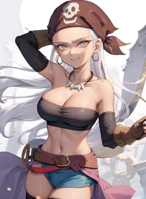 best quality, (masterpiece),(ultra-detailed), (high quality), (high resolution),  <lora:Zola:0.7>,1girl, bandana, bare shoulders, belt, black thighhighs, cleavage, dark skin, earrings, gloves, hair bow, holding weapon, hoop earrings, jewelry, long hair, looking at viewer, necklace, pirate, ponytail, smile, solo, tube top, weapon, white background, white hair, zola