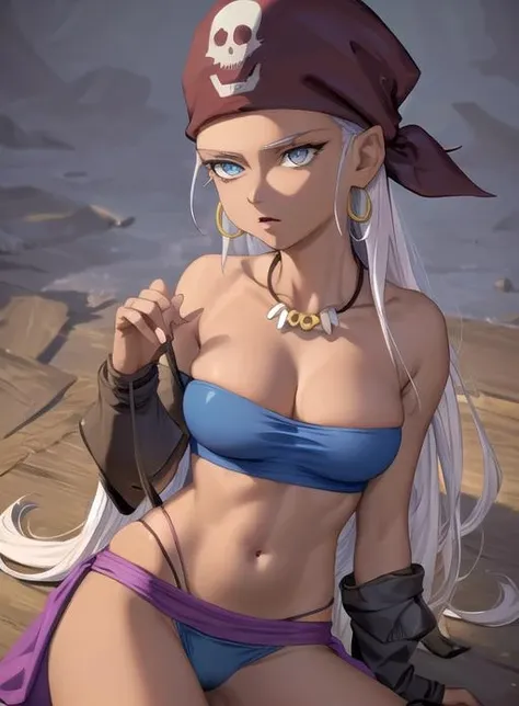 best quality, (masterpiece),(ultra-detailed), (high quality), (high resolution), <lora:Zola:0.7>,1girl, bandana, bandeau, blue eyes, cleavage, dark skin, dark-skinned female, earrings, eyelashes, hoop earrings, jewelry, long hair, medium breasts, pirate, solo, solo focus, white background, white hair, zola