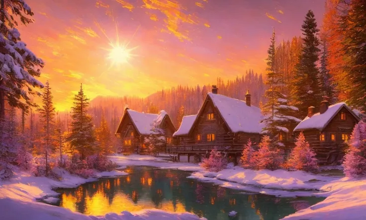 ChromaV5, (extremely detailed CG unity 8k wallpaper), The illustration depicts a winter forest, with tall trees covered in snow. In the center|left|right of the image, there is a small pond or lake, surrounded by ice and snow. On the center|left|right side of the image, there is a ((cozy wooden cabin:1.3)), with ((warm light:1.2)) streaming out of the windows. The overall feeling is one of serene beauty and peacefulness in the midst of a snowy winter landscape. Chromatic Aberration, Detailed , HDR, Bloom, style by Monet, Pissarro, and Sisley ,trending on ArtStation, trending on CGSociety, art by midjourney, complex, highly detailed, digital painting, art station, concept art, smooth, clear focus, illustration, 8k, works by artgerm, Greg Rutkowski and Alphonse mucha, (rtx), beautiful, detailed glow, cinematic light, Ultra-detailed, cinematic,((pink|purple|orange|magenta|red sunrise)), photorealistic, hyperrealistic, 8k, nvinkpunk, reflections, mist