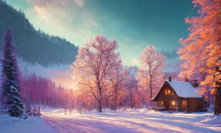 ChromaV5, (extremely detailed CG unity 8k wallpaper), The illustration depicts a winter forest, with tall trees covered in snow. In the center|left|right of the image, there is a small pond or lake, surrounded by ice and snow. On the center|left|right side of the image, there is a ((cozy wooden cabin:1.3)), with ((warm light:1.2)) streaming out of the windows. The overall feeling is one of serene beauty and peacefulness in the midst of a snowy winter landscape. Chromatic Aberration, Detailed , HDR, Bloom, style by Monet, Pissarro, and Sisley ,trending on ArtStation, trending on CGSociety, art by midjourney, complex, highly detailed, digital painting, art station, concept art, smooth, clear focus, illustration, 8k, works by artgerm, Greg Rutkowski and Alphonse mucha, (rtx), beautiful, detailed glow, cinematic light, Ultra-detailed, cinematic,((pink|purple|orange|magenta|red sunrise)), photorealistic, hyperrealistic, 8k, nvinkpunk, reflections, mist