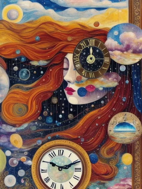 mixed media collage by Hannah Hch, gorgeous woman with long beautiful hair, realistic skin, 3d, ray tracing, hdrp, busy, noisy, loud, intricate, fibonacci, recursion,  wet, dripping, droplets, bubble clouds, depth, forced perspective, angles, surrealism, award winning photograph, 90mm, ((deep sky)), nebula, beautiful, deep texture, ornate, ((clocks)), tumbleweeds, glitch, ((sheets of paper)), love, romance,