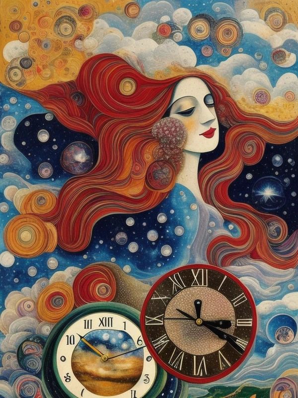 mixed media collage by Hannah Hch, gorgeous woman with long beautiful hair, realistic skin, 3d, ray tracing, hdrp, busy, noisy, loud, intricate, fibonacci, recursion, wet, dripping, droplets, bubble clouds, depth, forced perspective, angles, surrealism, award winning photograph, 90mm, ((deep sky)), nebula, beautiful, deep texture, ornate, ((clocks)), tumbleweeds, glitch, ((sheets of paper)), love, romance,