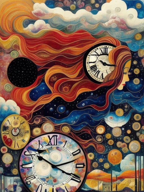 mixed media collage by Hannah Hch, gorgeous woman with long beautiful hair, realistic skin, 3d, ray tracing, hdrp, busy, noisy, loud, intricate, fibonacci, recursion, wet, dripping, droplets, bubble clouds, depth, forced perspective, angles, surrealism, award winning photograph, 90mm, ((deep sky)), nebula, beautiful, deep texture, ornate, ((clocks)), tumbleweeds, glitch, ((sheets of paper)), love, romance,