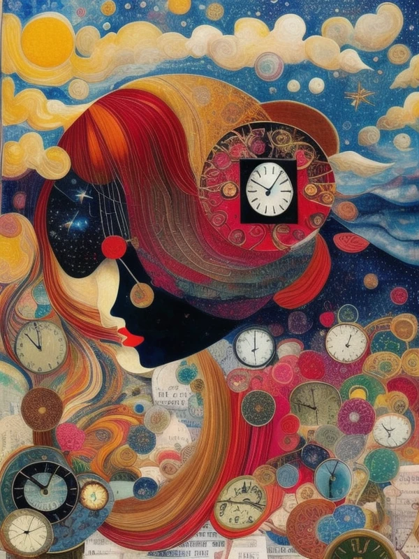 mixed media collage by Hannah Hch, gorgeous woman with long beautiful hair, realistic skin, 3d, ray tracing, hdrp, busy, noisy, loud, intricate, fibonacci, recursion, wet, dripping, droplets, bubble clouds, depth, forced perspective, angles, surrealism, award winning photograph, 90mm, ((deep sky)), nebula, beautiful, deep texture, ornate, ((clocks)), tumbleweeds, glitch, ((sheets of paper)), love, romance,
