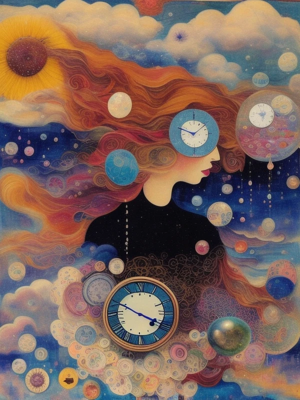 mixed media collage by Hannah Hch, gorgeous woman with long beautiful hair, realistic skin, 3d, ray tracing, hdrp, busy, noisy, loud, intricate, fibonacci, recursion, wet, dripping, droplets, bubble clouds, depth, forced perspective, angles, surrealism, award winning photograph, 90mm, ((deep sky)), nebula, beautiful, deep texture, ornate, ((clocks)), tumbleweeds, glitch, ((sheets of paper)), love, romance,