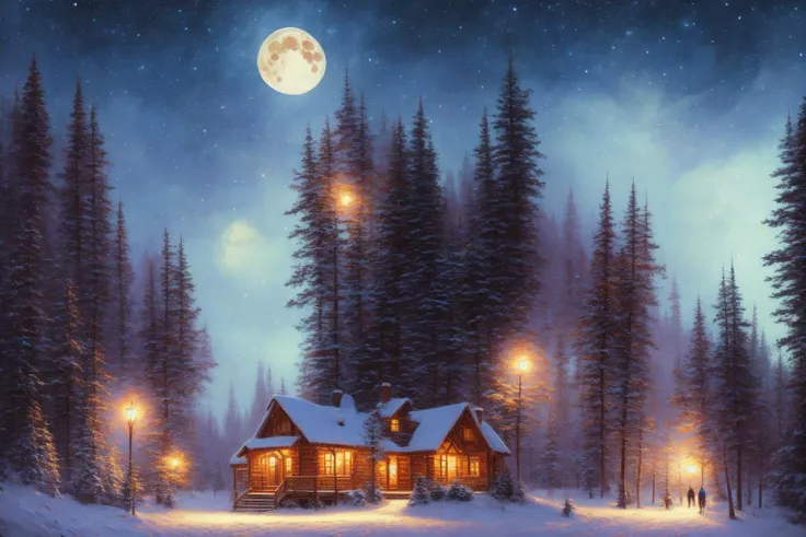 ChromaV5, (extremely detailed CG unity 8k wallpaper),
A moonlit winter night landscape scene of a log cabin in a snow covered pine forest, ((full blue moon, black night sky, bright stars)),
panoramic view, wide angle shot, 28mm lens, blue light, blue cast, round detailed moon,
award winning photography, Chromatic Aberration, Detailed , HDR, Bloom,majestic oil painting by Alejandro Bursido Thomas Kinkade, trending on artstation, trending on CGsociety, Intricate, High Detail, dramatic