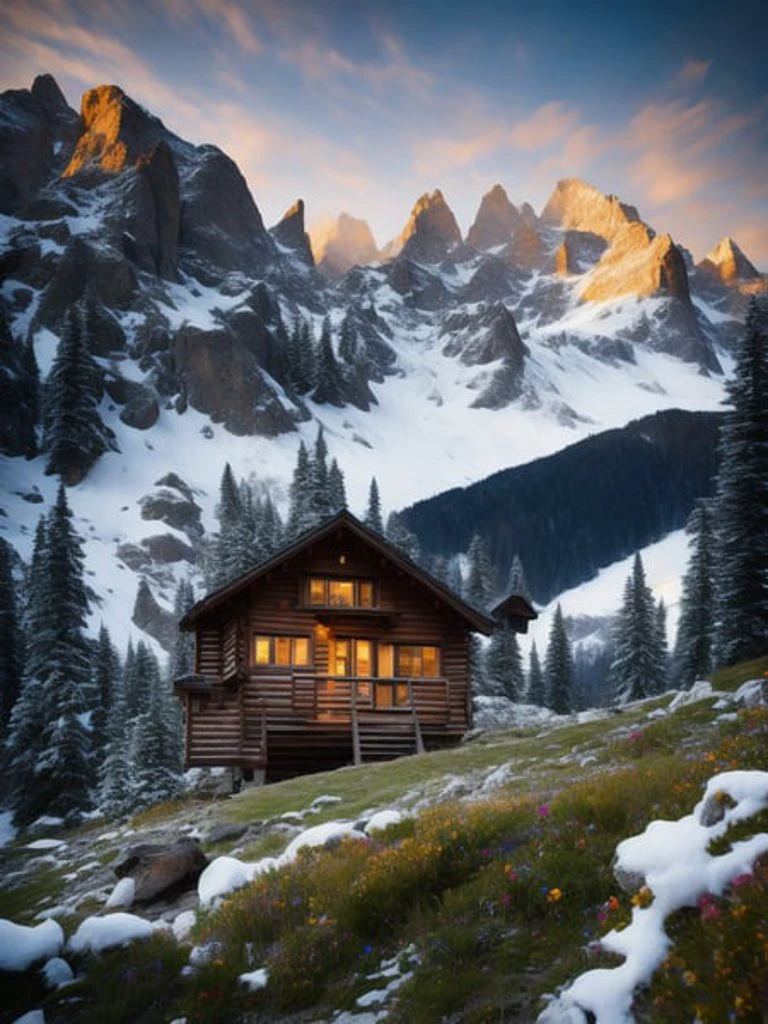 ChromaV5, nvinkpunk, masterpiece, best quality, high quality, extremely detailed realistic 8k wallpaper,landscape with texture ,Landscape photo of the Alps mountains, Austria, award winning photography, bloom, Photorealistic, extremely detailed, trending on artstation, trending on CGsociety, Intricate, High Detail, dramatic, carpathian mountains, ((blizzard)), ((snowy)), log hut, campfire