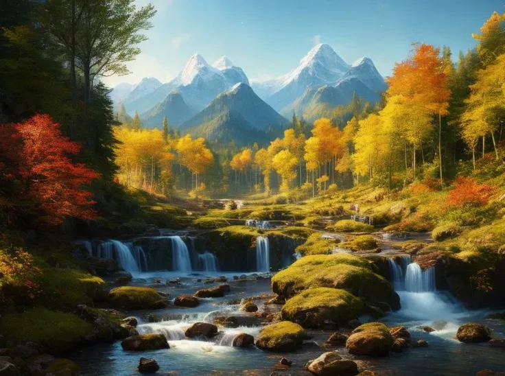 ChromaV5, (extremely detailed CG unity 8k wallpaper),
A Landscape of a stream in a majestic forest surrounded by lush yellow alders, panoramic view, wide angle shot, 28mm lens,
award winning photography, Chromatic Aberration, Detailed , HDR, Bloom,majestic oil painting by , Thomas Cole, Frederic Church, and Albert Bierstadt ,trending on artstation, trending on CGsociety, Intricate, High Detail, dramatic, art by midjourney