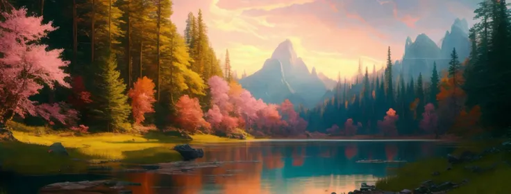 ChromaV5, nvinkpunk,(extremely detailed CG unity 8k wallpaper),
A Landscape of a stream in a majestic forest surrounded by lush pink foliage, panoramic view, wide angle shot, 28mm lens,
award winning photography, Chromatic Aberration, Detailed , HDR, Bloom,majestic oil painting by , Thomas Cole, Frederic Church, and Albert Bierstadt ,trending on artstation, trending on CGsociety, Intricate, High Detail, dramatic, art by midjourney