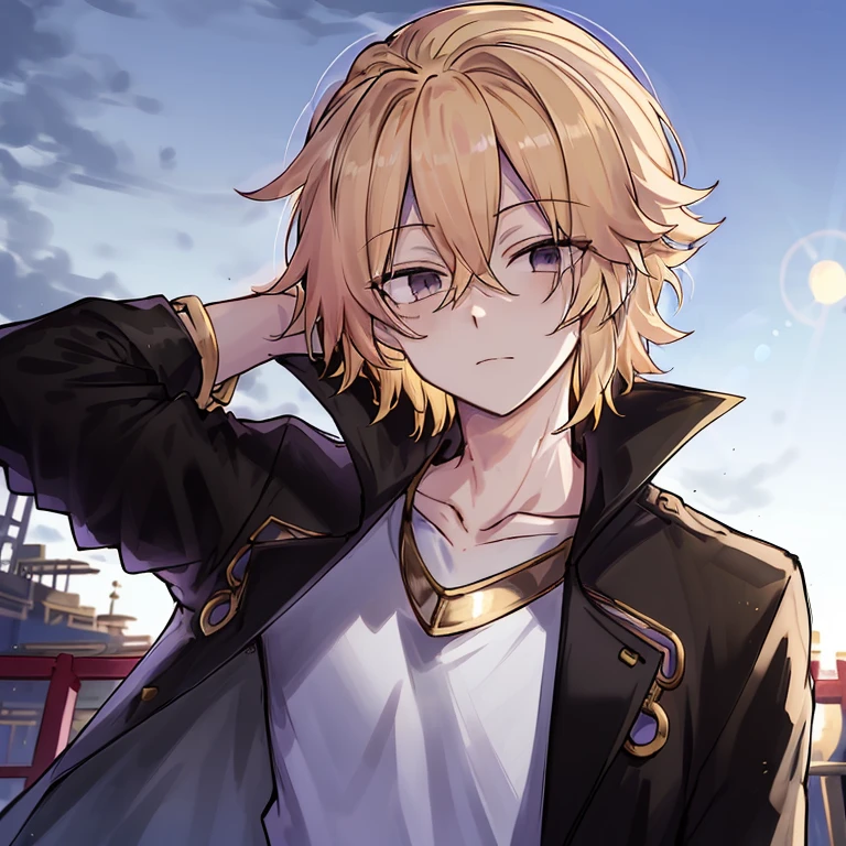 masterpiece, best quality, 1boy, mikey, manjiro sano, tokyo revengers, blonde hair, arm behind head, beautiful background, sun, black jacket,