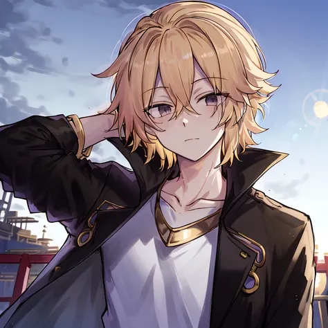 masterpiece, best quality, 1boy, mikey, manjiro sano, tokyo revengers, blonde hair,  arm behind head, beautiful background, sun, black jacket,