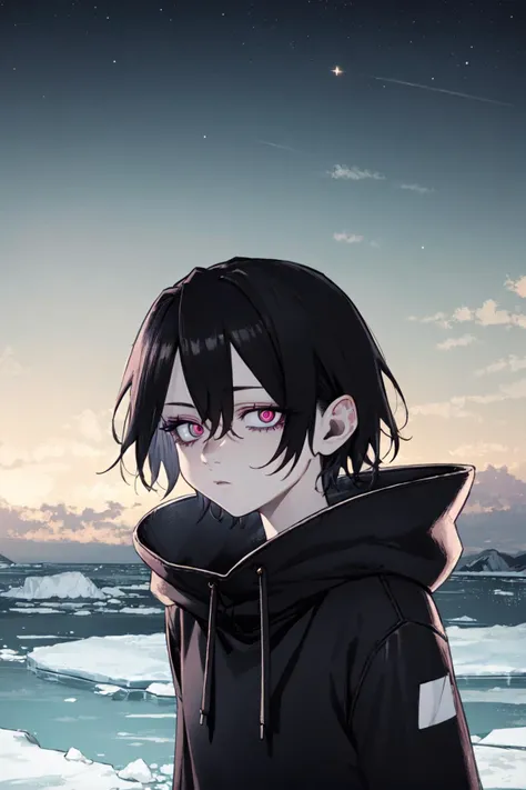 1girl, short hair, solo, black eyelashes, thick eyelashes, makeup, purple eyeliner (black hair), sharp eyes, bags under eyes, expressionless, black hoodie, red eyes, (ringed eyes), small breasts, outdoors, upper body, glowing eyes, night, dark, stars, black lipstick, clouds, ice, surrounded by ice, ice field <lora:kotoyama_style_v01:1>, black chocker