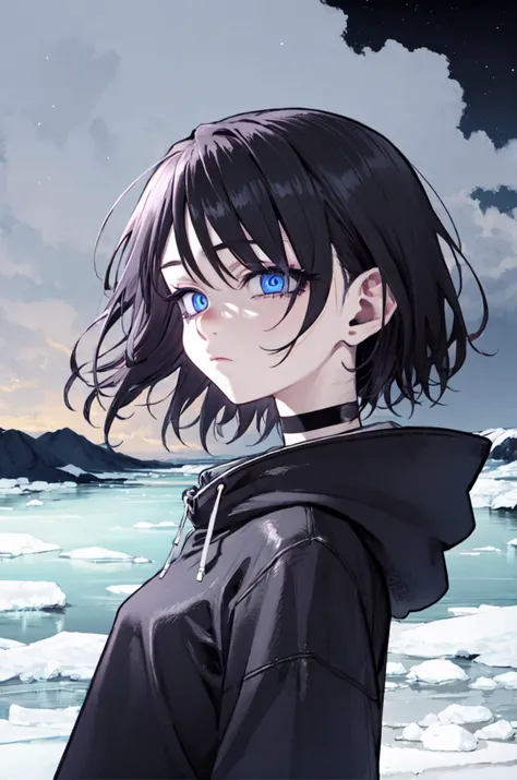 1girl, short hair, solo, black eyelashes, thick eyelashes, makeup, purple eyeliner (black hair), sharp eyes, bags under eyes, expressionless, black hoodie, light blue eyes, (ringed eyes), small breasts, outdoors, upper body, glowing eyes, night, dark, stars, black lipstick, clouds, ice, surrounded by ice, ice field <lora:kotoyama_style_v01:1>, black chocker