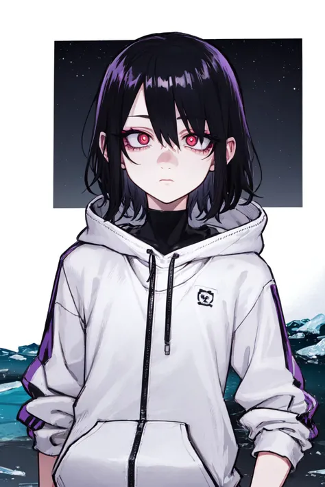 1girl, short hair, solo, black eyelashes, thick eyelashes, makeup, purple eyeliner (black hair), sharp eyes, bags under eyes, expressionless, black hoodie, red eyes, (ringed eyes), small breasts, outdoors, upper body, glowing eyes, night, dark, stars, black lipstick, clouds, ice, surrounded by ice, ice field <lora:kotoyama_style_v01:1>, black chocker