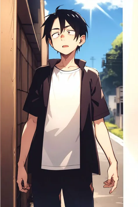 solo, 1boy, male, arm at side, \(^o^)/ \(Jinsei owata!\), sunbeam, outdoors, <lora:kotoyama_style_v01:1>