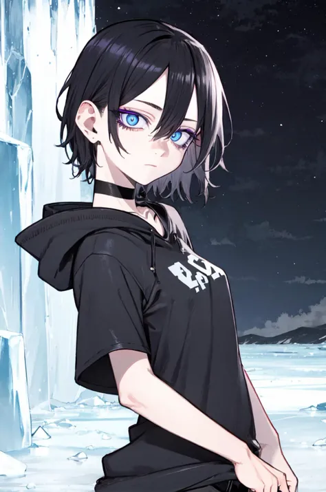 1girl, short hair, solo, black eyelashes, thick eyelashes, makeup, purple eyeliner (black hair), sharp eyes, bags under eyes, expressionless, black hoodie, light blue eyes, (ringed eyes), small breasts, outdoors, upper body, glowing eyes, night, dark, stars, black lipstick, clouds, ice, surrounded by ice, ice field  <lora:kotoyama_style_v01:1>, black chocker