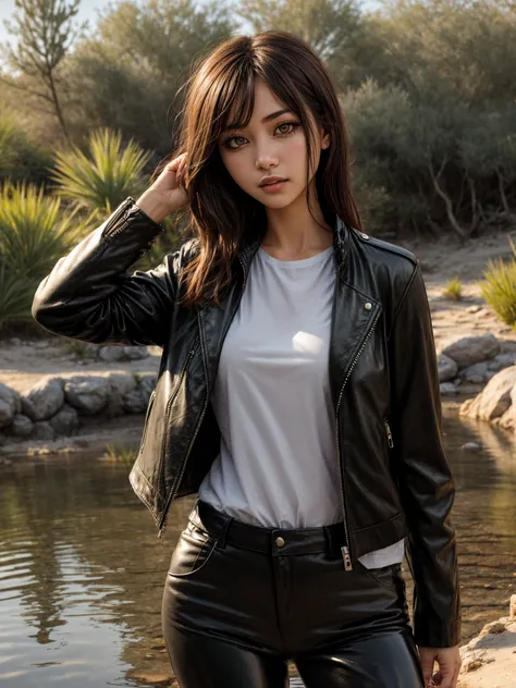 <lora:kotoyama_style_v01:0.75>, a woman in a tranquil desert oasis at dawn, cactus, pond,  upper body, grey eyes, puffy lips,  closed mouth, leather jacket, open jacket, motor vehicle, tight pants, leather pants, cowboy shot, 
(masterpiece), (best quality), HDR, intricate detail, 
 <lora:add_detail:1>