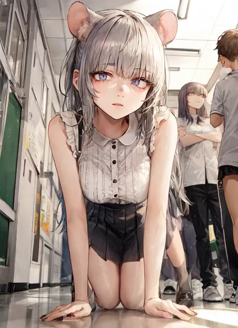 ((best quality)), ((highly detailed)), masterpiece, absurdres, (detailed eyes, deep eyes), <lora:more_details:.4>, (1girl), close-up, on all fours, <lora:aiomonstergirls_loraLocon:.1>, (rat girl), rat ears, rat tail, (indoors, <lora:school_hallway_v0.1:1>, school hallway, BREAK (((multiple girls,multiple boys)))), <lora:kotoyama_style_v01:1>