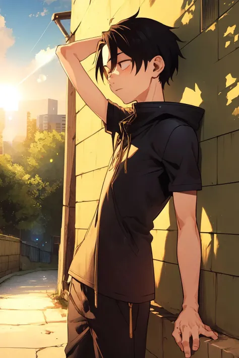 solo, 1boy, male, arm at side, |_|, lens flare, outdoors, <lora:kotoyama_style_v01:1>
