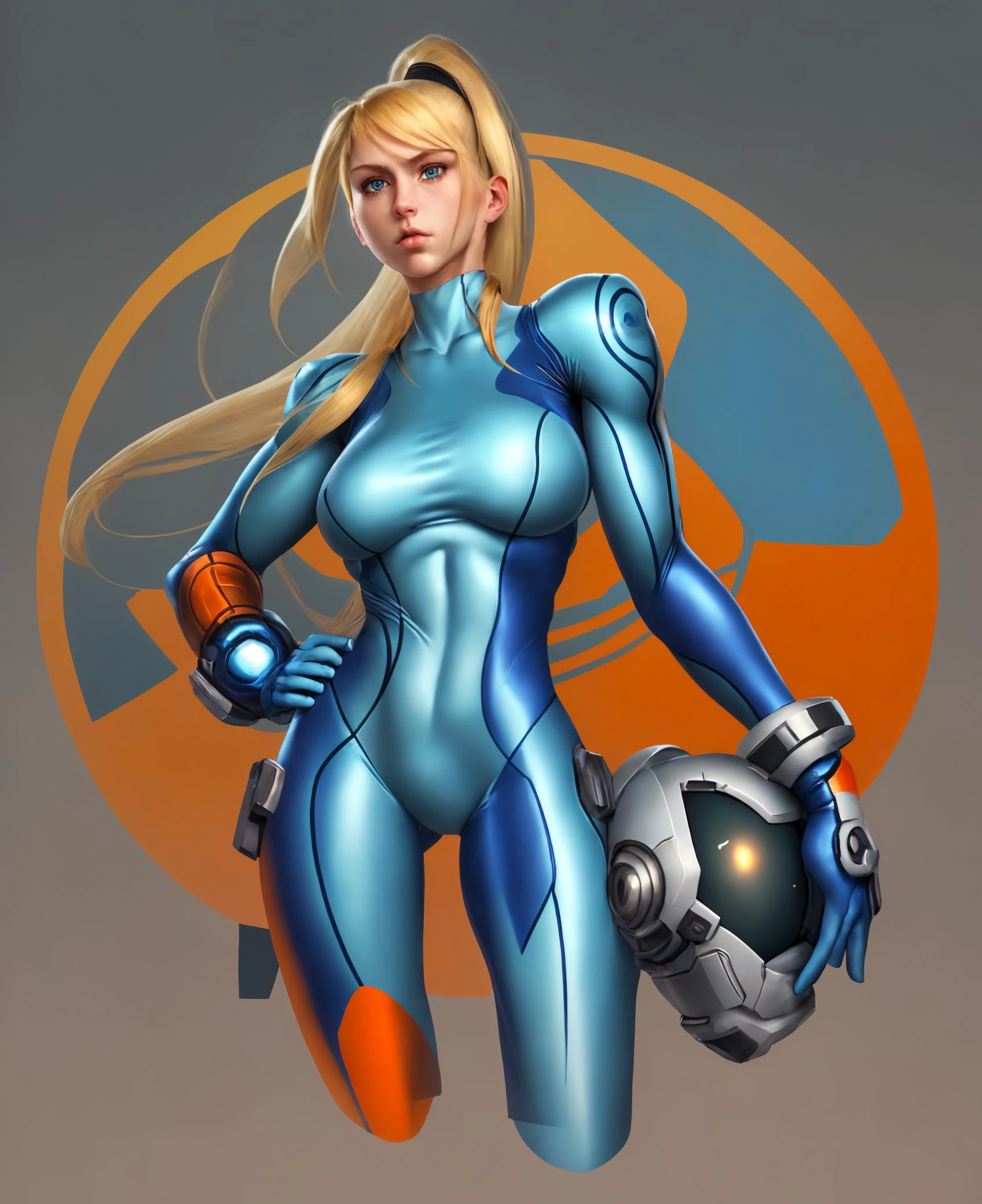 samus aran, blue bodysuit, hand on own hip, unworn headwear, bodysuit, 1girl, white background, cowboy shot, mole, solo, simple background, breasts, unworn helmet, mole under mouth, parted lips, helmet, medium breasts, blue eyes, thigh pouch, looking to the side, contrapposto, orange background, taut clothes, blonde hair, ponytail, long hair, zero suit, female focus <lora:samus:0.6> samus