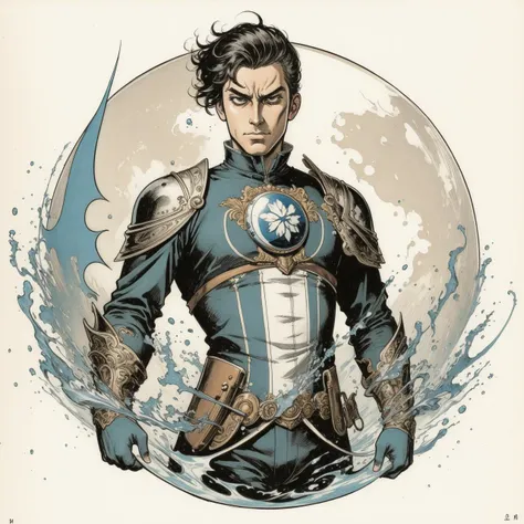 (art by Sam Bosma:1.1) ,art by Jerry Siegel, concept art, body shot of a Stunning Male Mathematician, plain background, Grim, 35mm, Moon