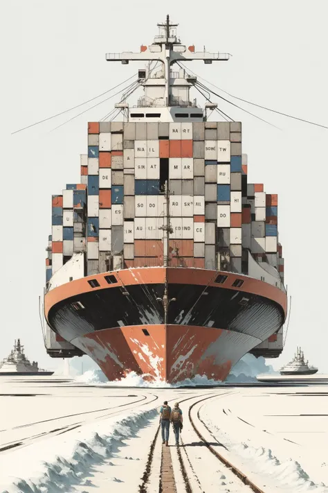 art by Yoji Shinkawa, concept art, Fairy-Tale Container ship, Snowy, Cosy