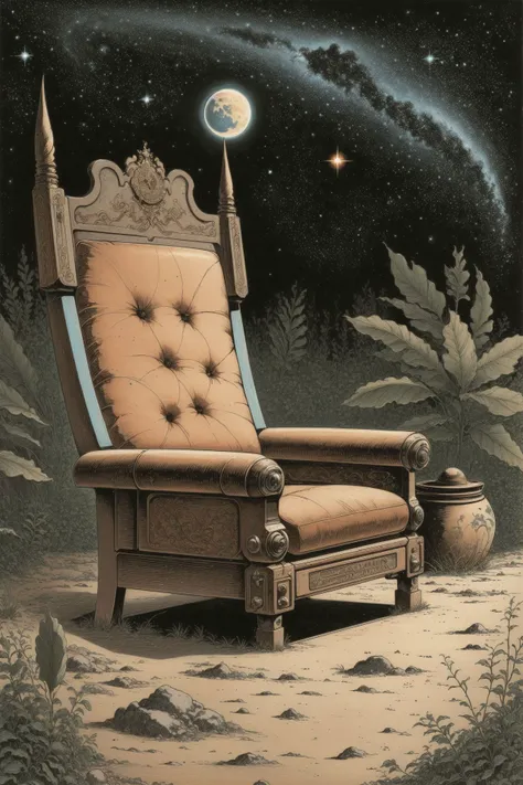 [art by Klaus Janson: (art by Yoji Shinkawa:1.2) :10], concept art, intricate background, Monstrous Comfortable Tang Dynasty Loveseat recliner, space, Planet, stars and moons, dark with bright Rust spots, simple background, Orientalism Art, Dota style