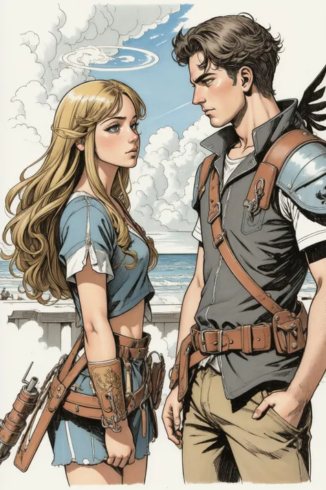 concept art, Wanderlust Princess Zelda and Jair Bolsonaro, Red Faux hawk hairstyle, Cybernetic Eye, Angelic Halo, No makeup, Cloudpunk, "Don't you forget about me, don't, don't, don't, don't.", art by Dustin Nguyen