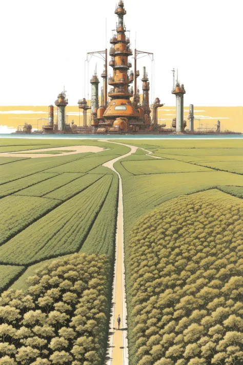 (art by Moebius:0.9) , concept art, Organic city street, Ugly Dominican Maple tree, (deep orange theme:0.7) , Winged Oil platform in background, Simple illustration, Hopeless, fluorescent purple and fluorescent yellow hue, Floral motifs
