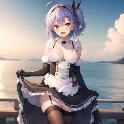 (masterpiece, best quality:1.2),illustration,8k,hd,on the ocean,1girl,solo,cowboy shot,kent (azur lane),ahoge,anchor,bangs,bare shoulders,black footwear,black gloves,black hairband,black ribbon,black skirt,blush,boots,buttons,covered nipples,detached collar,elbow gloves,eyebrows,eyelashes,eyes visible through hair,fang,frilled apron,frills,fur trim,hair between eyes,hairband,high-waist skirt,lace-trimmed legwear,lace trim,maid apron,medium breasts,miniskirt,no bra,one side up,purple hair,red bow,red eyes,see-through,short hair,single stripe,sleeveless shirt,tsurime,underwear,waist apron,white apron,white bow,white socks,white shirt,<lora:Kent(azur):0.5>,