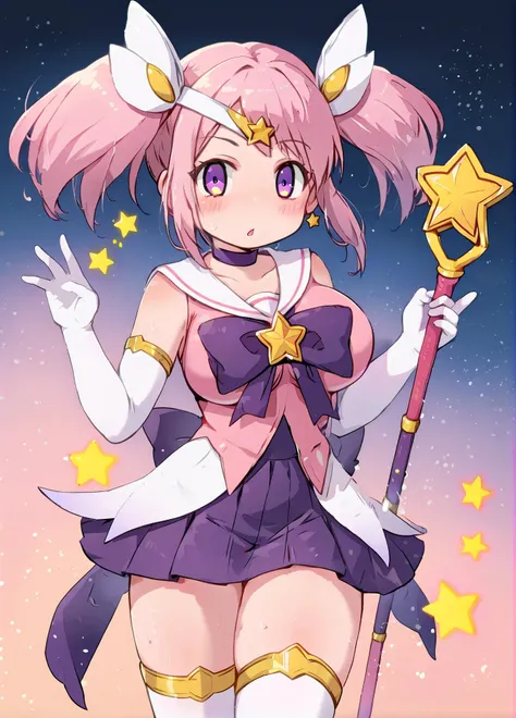 score_9, score_8_up, score_7_up, score_6_up, a girl standing in magical girl pose, holding staff,
<lora:miyazero_style_pony6_v1-000034:1>, large breasts, <lora:startguardian_lux_pony6_v1:.6> lxstrgrdn, magical girl, star \(symbol\), tiara, elbow gloves, purple choker, sailor collar, hair ornament, white thighhighs, skirt