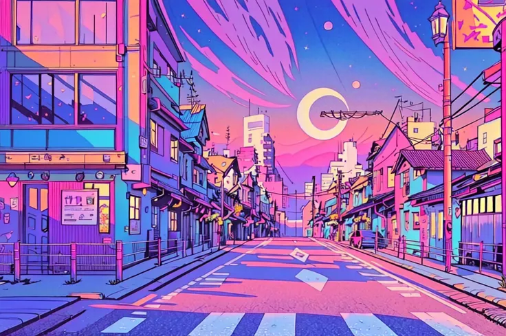 (masterpiece, best quality, ultra-detailed, highres), no humans, scenery, outdoors, sky, building, crescent moon, moon, sign, power lines, cloud, lamppost, utility pole, city, window, road sign, purple sky, pink sky, cityscape,<lora:Lofi_Pastel-10:1>