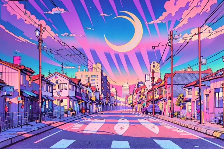 (masterpiece, best quality, ultra-detailed, highres), no humans, scenery, outdoors, sky, building, crescent moon, moon, sign, power lines, cloud, lamppost, utility pole, city, window, road sign, purple sky, pink sky, cityscape,<lora:Lofi_Pastel-10:1>