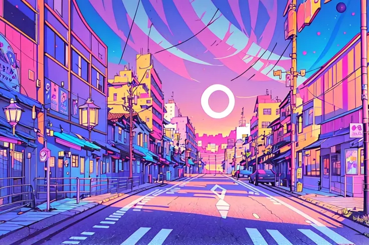 (masterpiece, best quality, ultra-detailed, highres), no humans, scenery, outdoors, sky, building, crescent moon, moon, sign, power lines, cloud, lamppost, utility pole, city, window, road sign, purple sky, pink sky, cityscape,<lora:Lofi_Pastel-10:1>