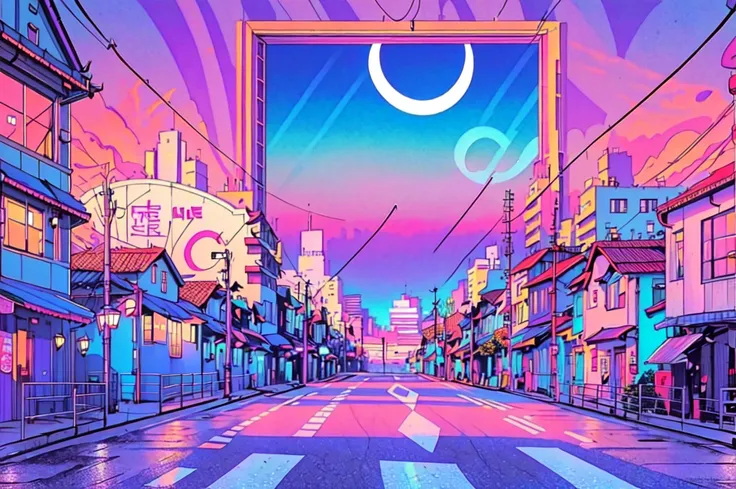 (masterpiece, best quality, ultra-detailed, highres), no humans, scenery, outdoors, sky, building, crescent moon, moon, sign, power lines, cloud, lamppost, utility pole, city, window, road sign, purple sky, pink sky, cityscape,<lora:Lofi_Pastel-10:1>