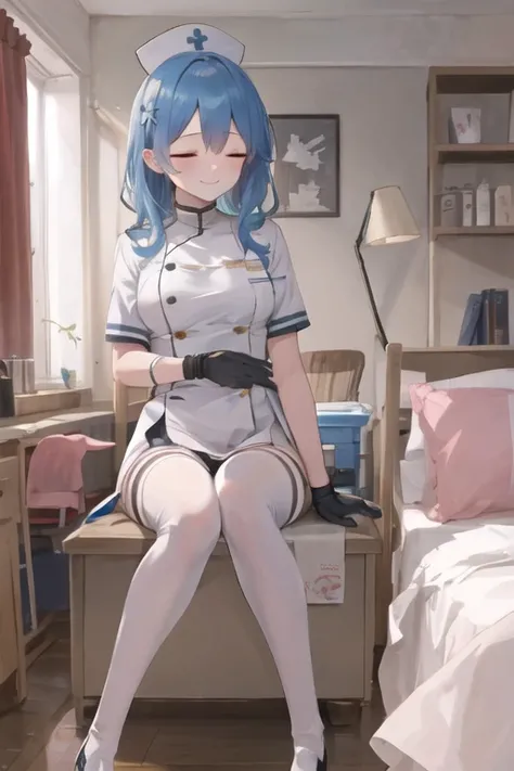1girl, solo, nurse, (white thighhighs:1.2), (white loafers), white latex elbow gloves, sitting, smile, closed eyes, infirmary, clinic, <lora:cpyvazln_v33:0.8>